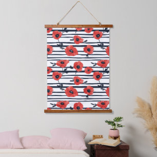 Tapisserie Suspendue Poppies rouges avec Feuilles bleus et Motif rayé 3