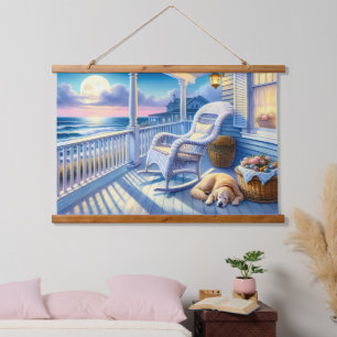Tapisserie Suspendue Porche Côtiers Clair de Lune avec Chien et Vue sur