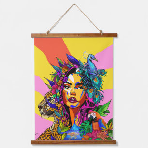 Tapisserie Suspendue Portrait de paon Pop Art Jungle Goddess suspendu