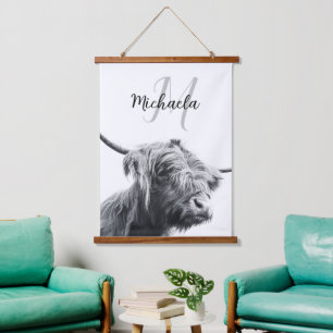Tapisserie Suspendue Portrait de vache Highland premier monogramme noir