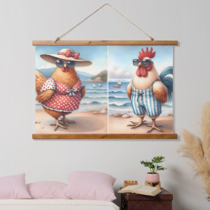 Tapisserie Suspendue Poulets en maillots de bain au bord de la mer