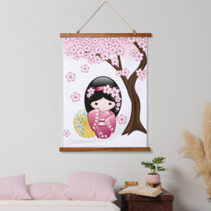 Tapisserie Suspendue Poupée Kokeshi Printemps - Cute Japonaise Geisha G