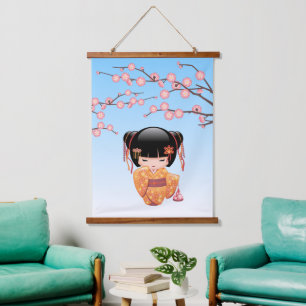 Tapisserie Suspendue Poupée Ume Kokeshi - Japonaise Geisha Girl Blue