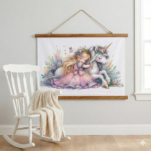 Tapisserie Suspendue Princesse Licorne Pastel Conte de Fée Fantastique
