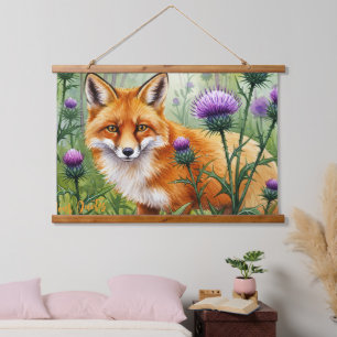 Tapisserie Suspendue Renard parmi les fleurs de chardon violet Aquarell