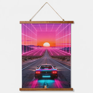 Tapisserie Suspendue Retro Futuristic Car Sunset Wall Art Print - Neon 