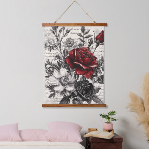 Tapisserie Suspendue Rose Rouge Noire Fleurs de Manuscrit Antique