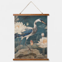 Scène botanique vintage grue bleue et lotus