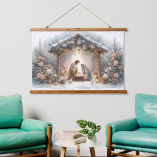 Tapisserie Suspendue Scène de Nativité Rustique avec Fleurs d'Hiver