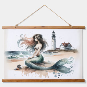Tapisserie Suspendue Scène de phare de sirène à l'aquarelle côtière