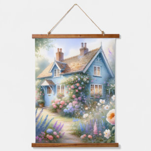 Tapisserie Suspendue Scène florale de maison bleue de jardin de campagn