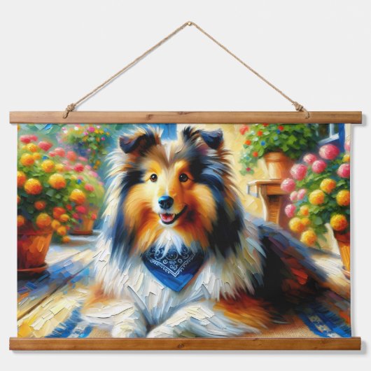 Tapisserie Suspendue Shetland Sheepdog dans Cottage Garden Scène (Devant)