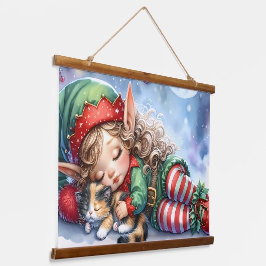 Tapisserie Suspendue Sleeping Christmas Elf with Calico Kitten (Angulaire)