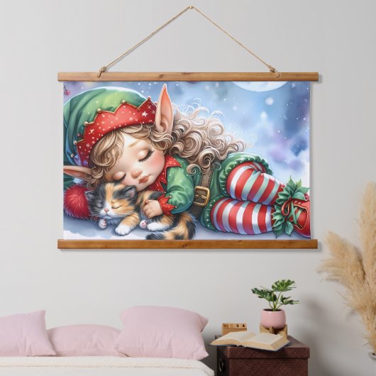Tapisserie Suspendue Sleeping Christmas Elf with Calico Kitten (Chambre à coucher)