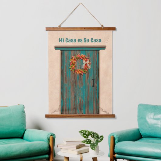 Tapisserie Suspendue Southwest Chile Wreath on Rustic Blue Wood Door (Salon)