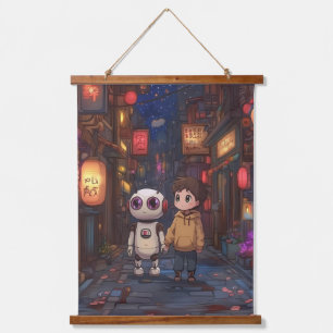 Tapisserie Suspendue Starlit Stroll : Un garçon et son ami robot