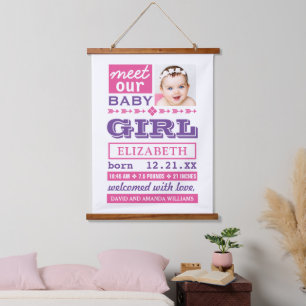 Tapisserie Suspendue Statistiques de naissance de bébé fille rose viole