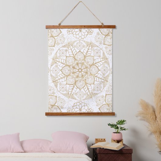 Tapisserie Suspendue Style Boho Blanc Or Mandala Floral (Chambre à coucher)