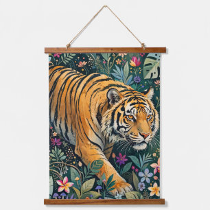 Tapisserie Suspendue Tigre aux yeux ambre, feuillage de jungle fantaisi