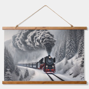 Tapisserie Suspendue Train à vapeur vintage dans la forêt de neige