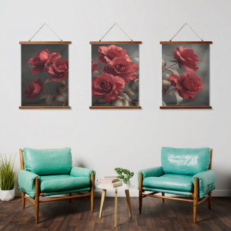 Tapisserie Suspendue Triptyque de roses cramoisies vintage - Botanique 