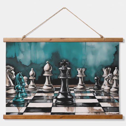 Tapisserie Suspendue Turquoise Grunge Chess Board Aquarelle Art (Devant)