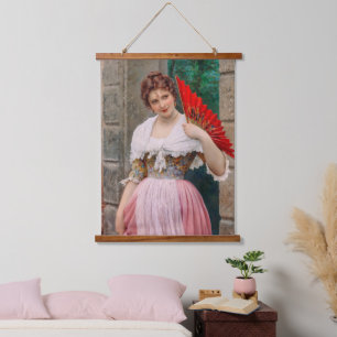 Tapisserie Suspendue Une jeune dame avec un ventilateur rouge par Eugen