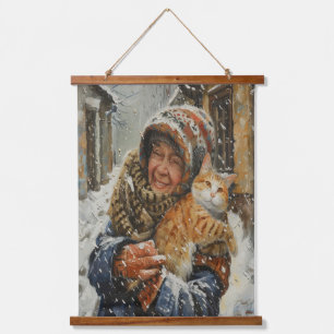 Tapisserie Suspendue Vieille Femme d'Hiver et Chat au Gingembre
