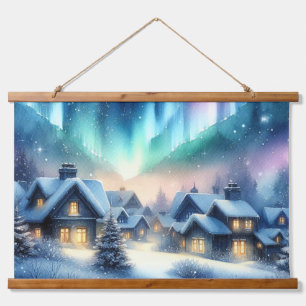 Tapisserie Suspendue Village de Noël enneigé à l'aquarelle en hiver