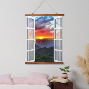 Tapisserie Suspendue Vue de la fenêtre Couché de soleil de montagne