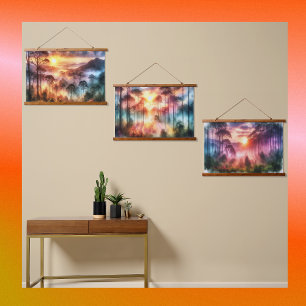 Tapisserie Suspendue Watercolor Dreamy Misty Forest au lever du soleil