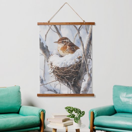 Tapisserie Suspendue Winter Snow Bird Wren in Tree Nest Nature Art (Salon)