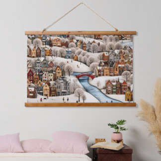 Tapisserie Suspendue Winter Village Scene Cozy Snowy Town 