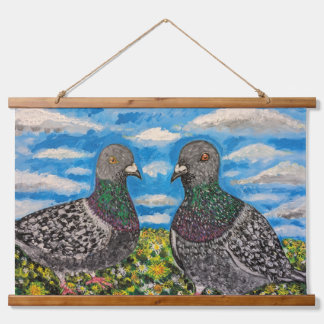 Tapisserie Suspendue Wood Topped Wall Tapestry of two pigeons