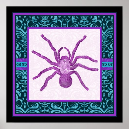 Tarantula - Elegant Blauwgroen & Fuschia Damask Bo Poster (Voorkant)