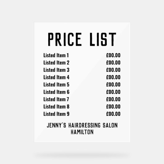 Tarifs acryliques (Recto)