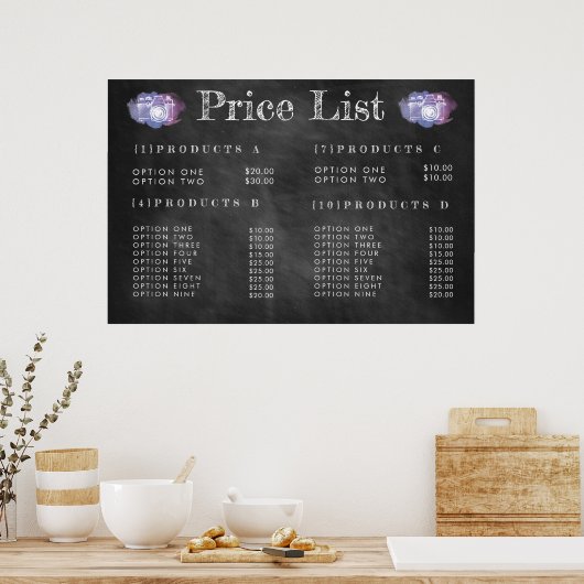 Tarifs Photographe Tableau Menu Impression Affiche (Cuisine)