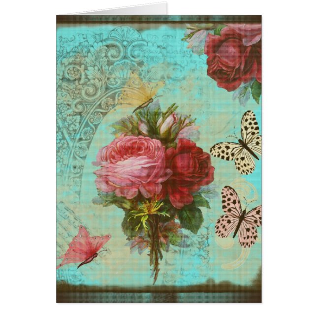 Tarjeta de gelukkación turquesa y flores rosas (Voorkant)