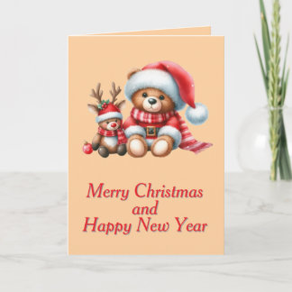 Tarjeta de Navidad con imagen de osito y reno. Kaart
