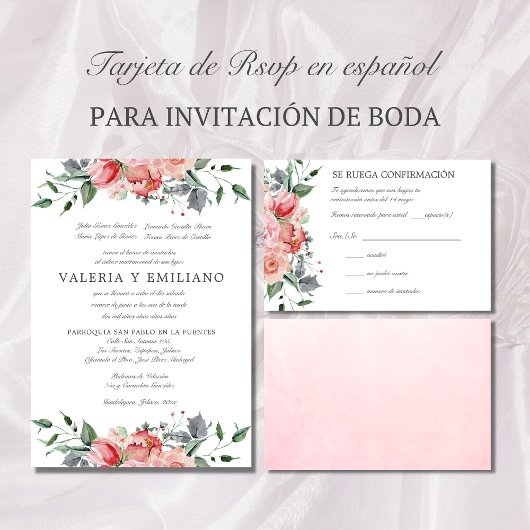 Tarjeta de RSVP de boda rosa elegante espagnol RSV