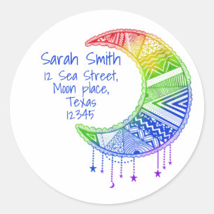 Taro maan, boho, regenboog, adreslabel ronde sticker