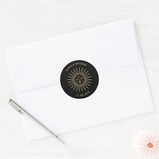 Tarot  Sun Black Gold Ronde Sticker (Envelop)