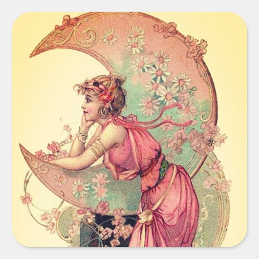 TAROTS / LADY OF MOON MET BLOEMEN ROZE GEEL VIERKANTE STICKER (Voorkant)