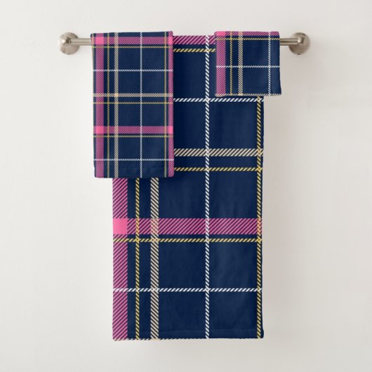 Tartan bleu marine Plaid avec beige blanc rose (En situation)