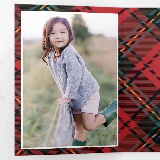 Tartan Classic Script Christmas Photo Trifold Kaar Drieluik Uitnodiging (Binnenzijde eerst)
