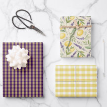 Tartan daisy lemon yellow purple wrapping paper
