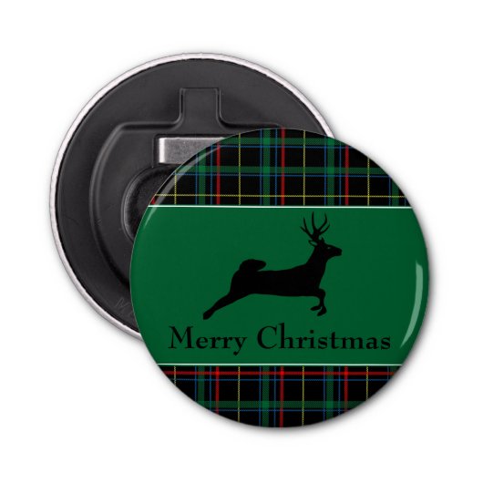 Tartan en rendierKerstmis Button Flesopener (Voorkant)