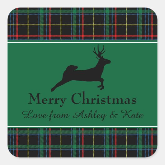 Tartan en rendierKerstmis Vierkante Sticker (Voorkant)
