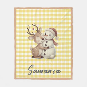 Tartan geruite rendier sneeuwman geel beige naam fleece deken