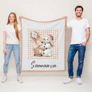 Tartan geruite rendier sneeuwman oranje beige naam fleece deken